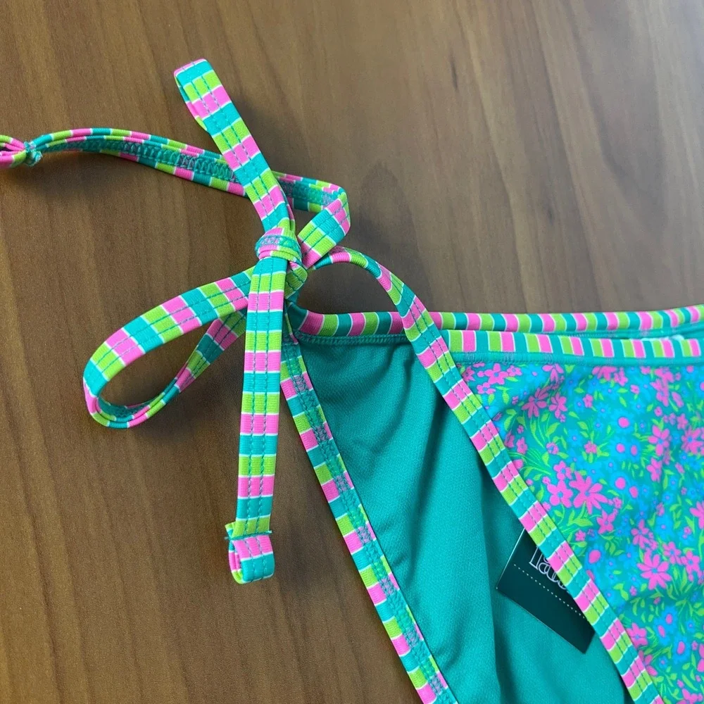 Wild Fable Floral Green Bikini Bottom High Leg Stripe Side Tie Low Rise Cheeky M